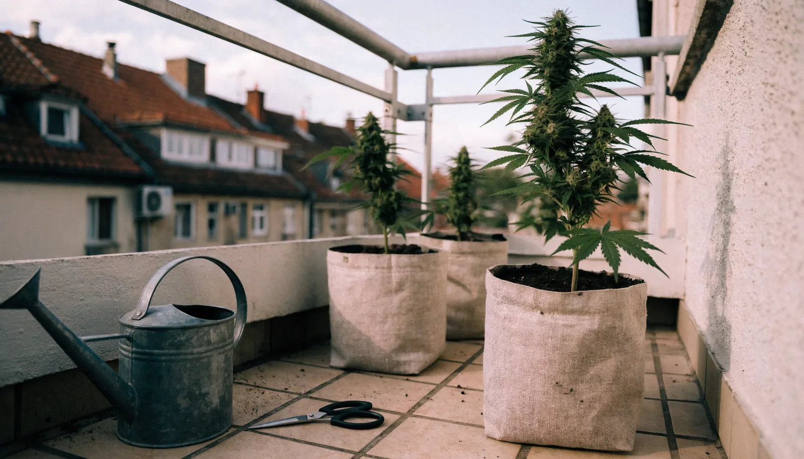 Tre kompakta cannabisplantor i tygkrukor på en europeisk lägenhetsbalkong