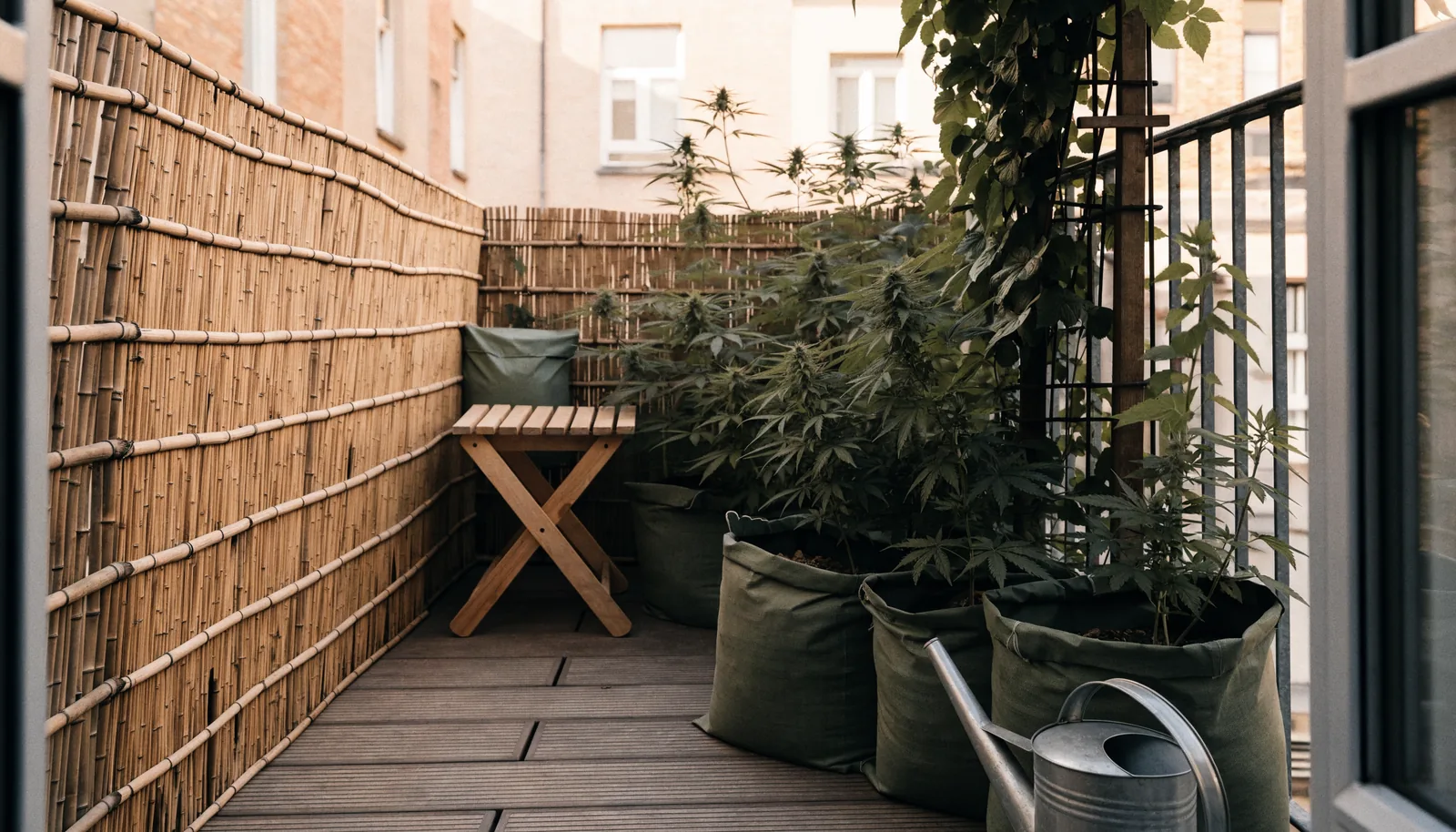 Bambuskärm som döljer cannabisplantor i tygkrukor på en smal balkong