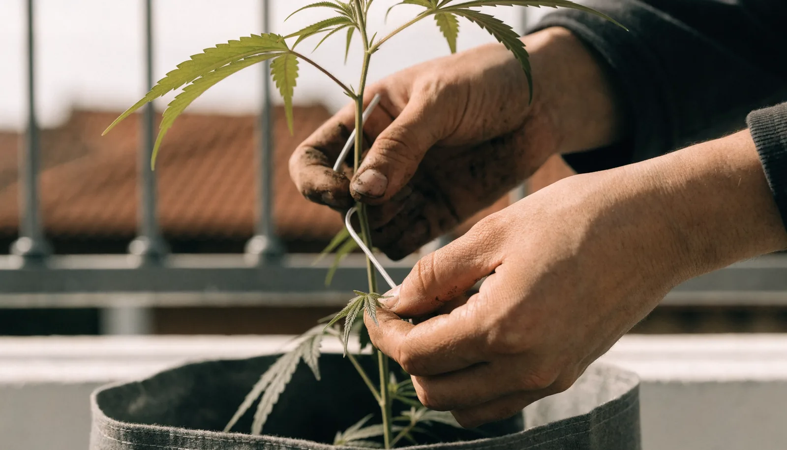 Händer som binder ner en cannabisgren med växttråd i low-stress training på en balkong
