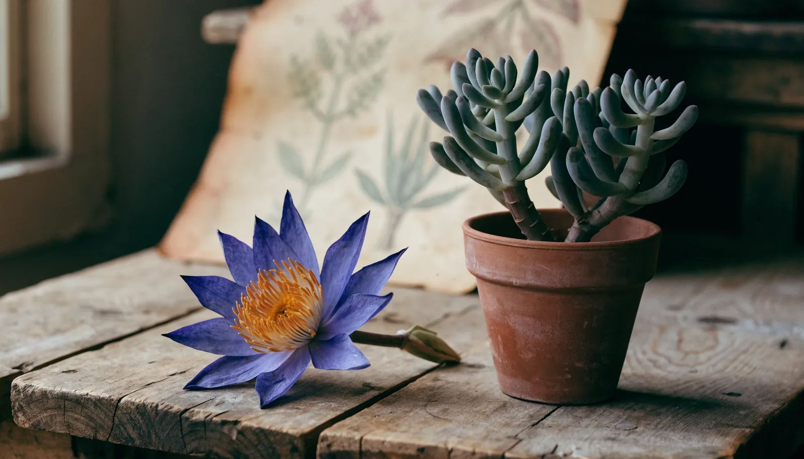 Torkad blue lotus-blomma (Nymphaea caerulea) bredvid en levande kanna-suckulent (Sceletium tortuosum)