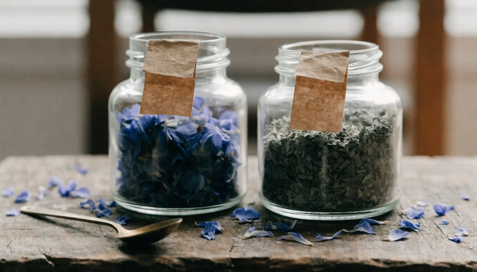 Glasburkar med torkade blue lotus-kronblad och hackat kanna-växtmaterial